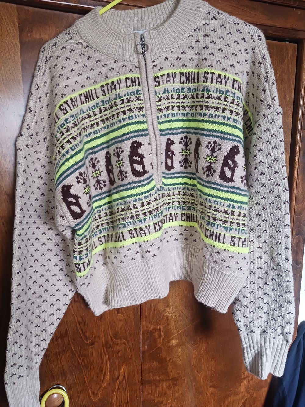 BDG Beige Fair Isle Zip Cowl Sweater with Neon Green Stripes
